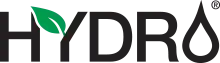 Black text spelling ’HYDRO’ with a green leaf design incorporated into the letter Y.