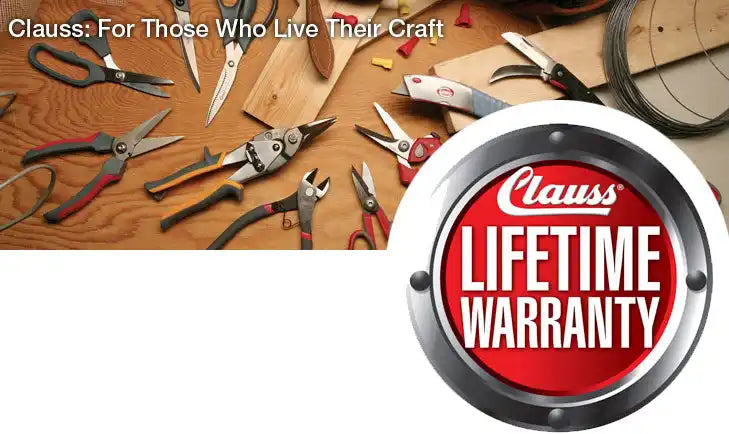 Circular metallic Clauss lifetime warranty badge with red and white text.