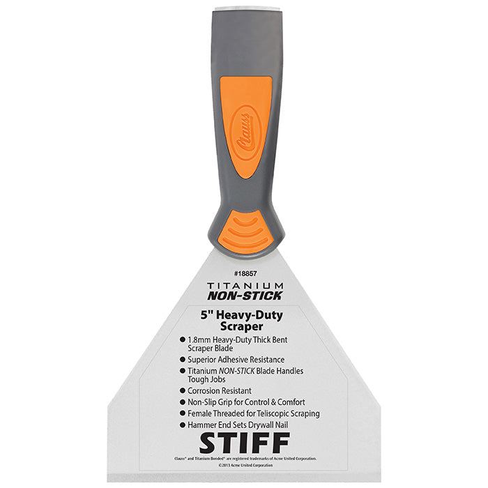 Clauss 5’’ Titanium Non-Stick STIFF Chisel-End Bent Scraper with Threaded Female Handle and Hammer End - 18857