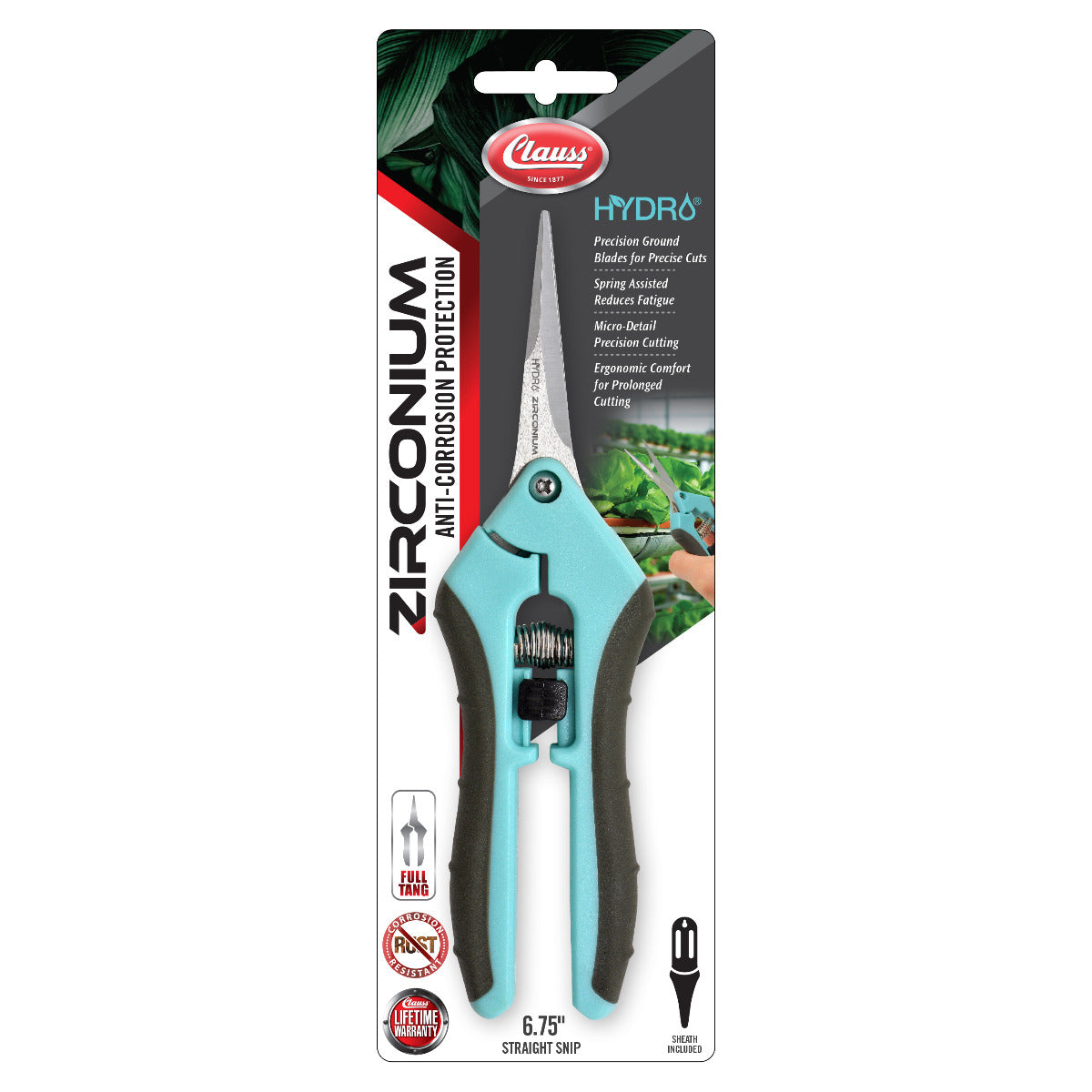 Clauss 6.75” Hydro Straight Titanium Bonded Non-Stick Spring-Assist Snips Blue - Hydroponic