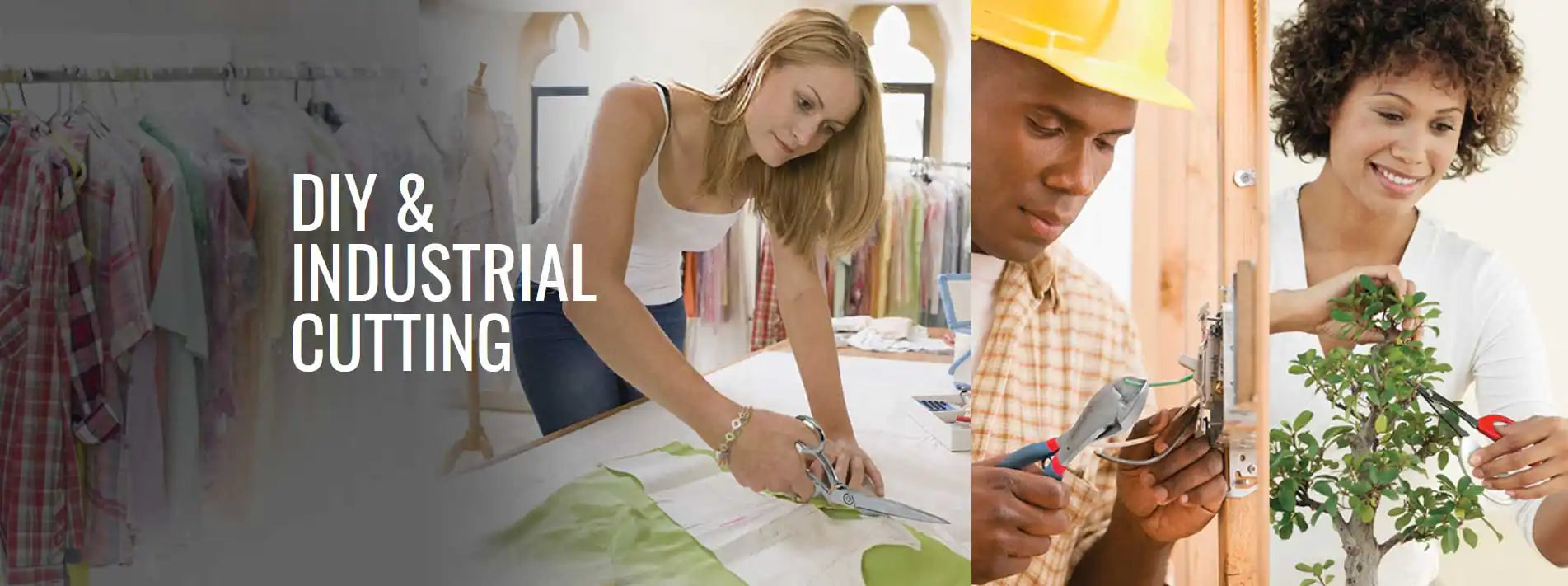 A collage banner showing various people engaged in DIY and industrial activities.
