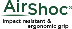 Green text logo reading ’AirShoc’ with ’impact resistant & ergonomic grip’ tagline underneath.
