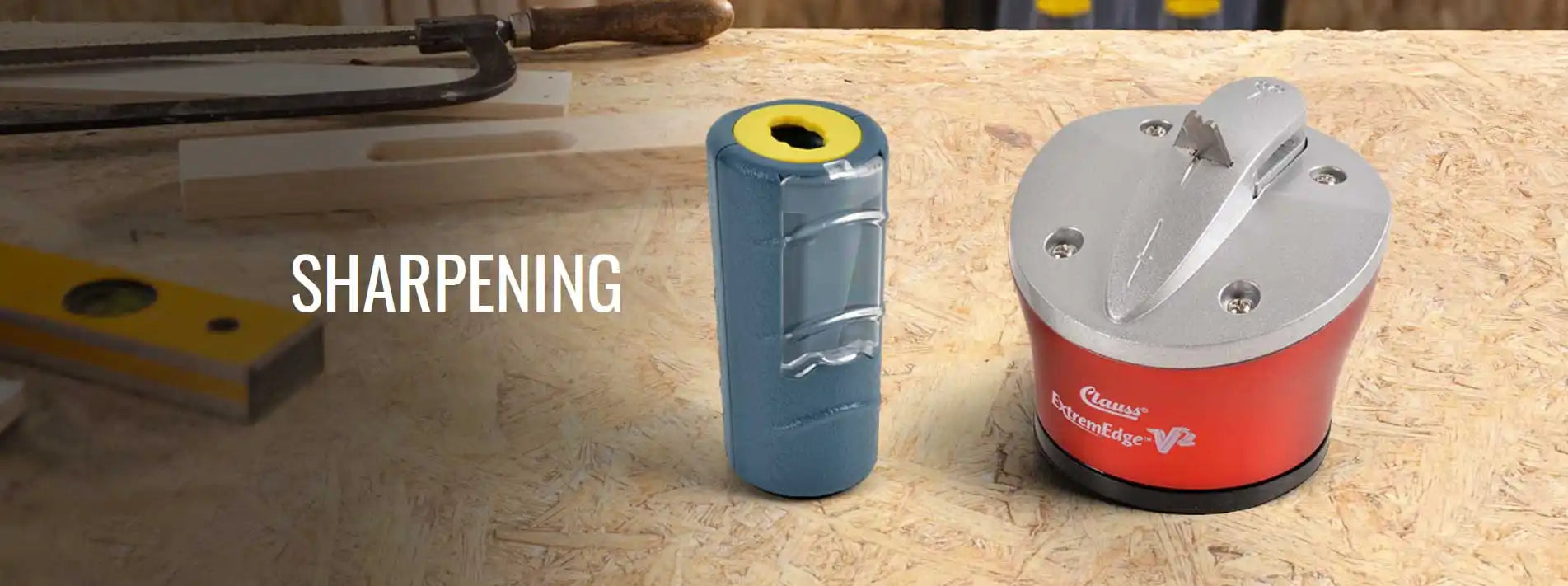 Knife sharpening tool with a blue and red suction base.